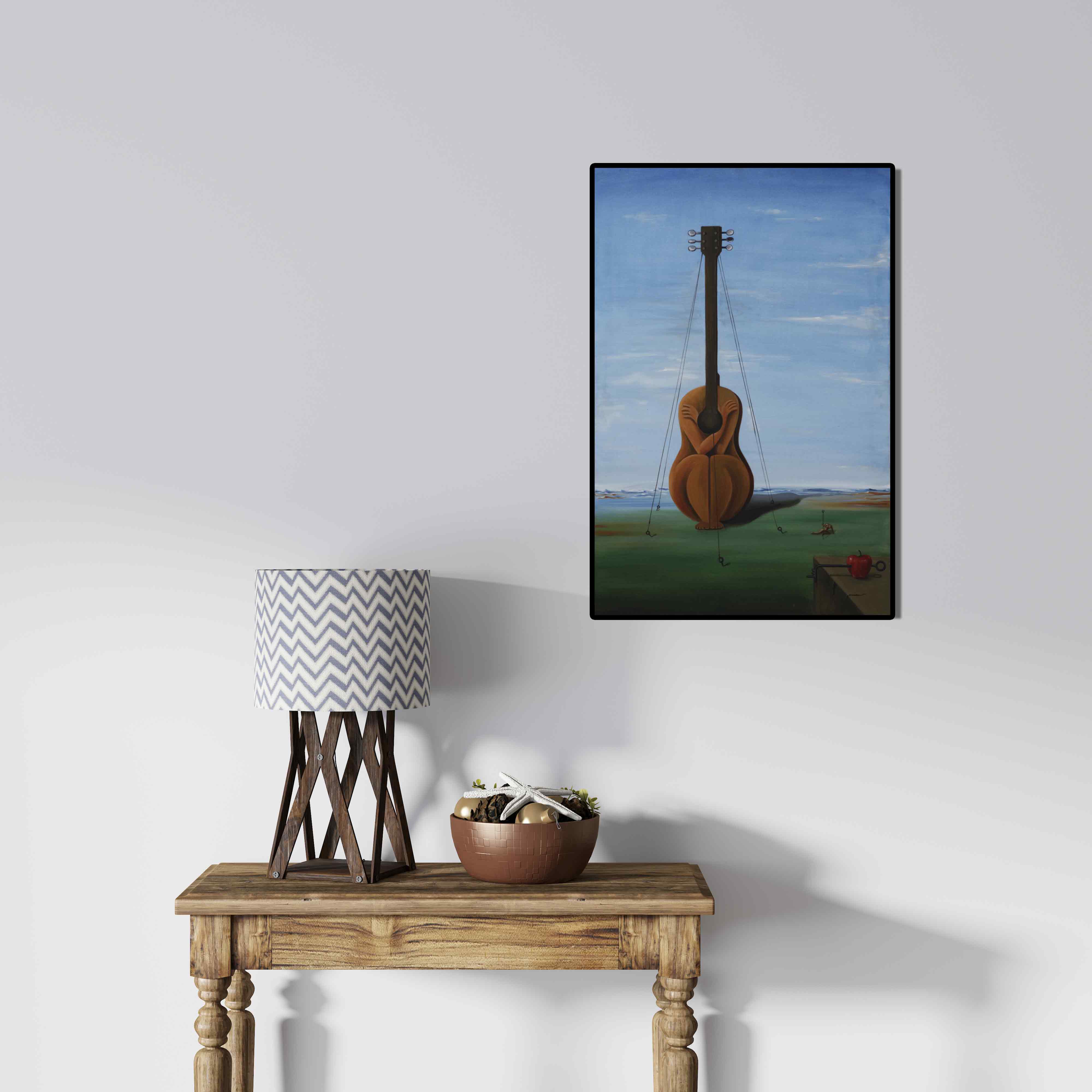 In-situ view of Dewakar Chandran's 'Enslaved By Self (The Melancholy Maestro)' painting in a room