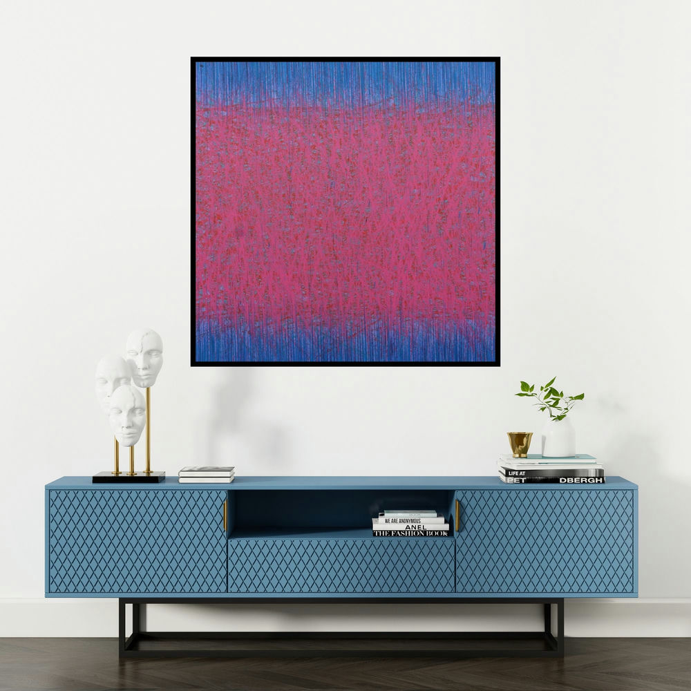 'Entangled 2' painting by Satish Bhaisare shown on a wall in a furnished room.