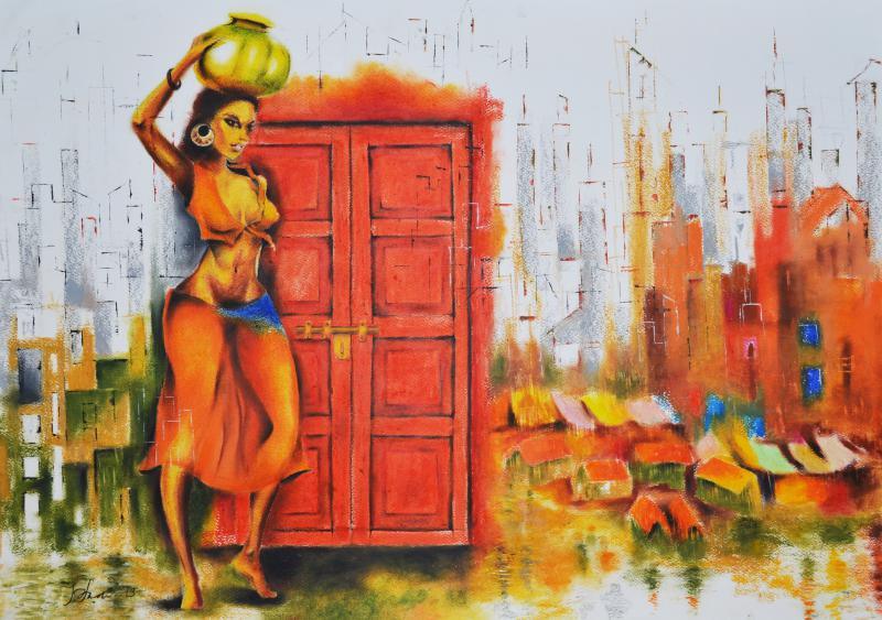 Figurative oil pastel painting titled 'Enter At Your Own Risk', 25x36 inches, by artist Tejinder Ladi Singh on Paper