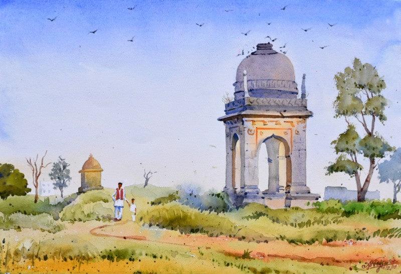 Landscape watercolor painting titled 'Enthralled Velour', 15x22 inches, by artist Ambadas Nagpure on Paper