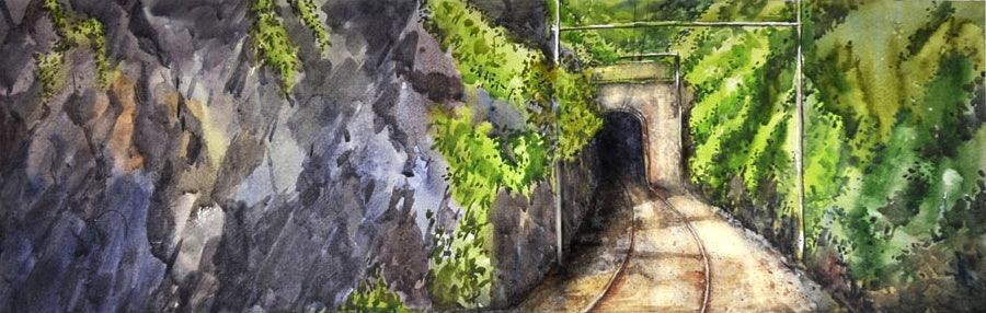 Landscape watercolor painting titled 'Entrance Size', 14x28 inches, by artist Ramdas Thorat on Paper