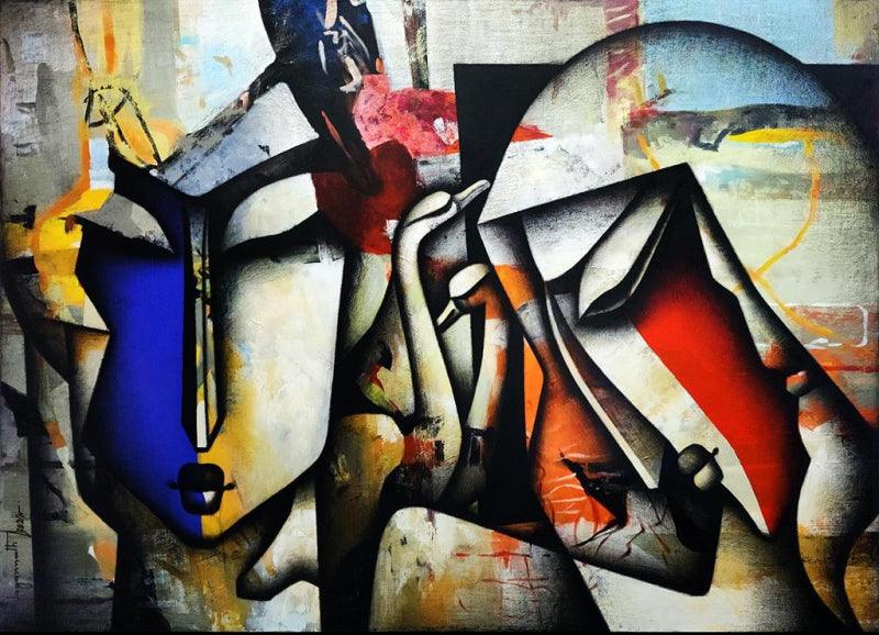 Figurative acrylic charcoal painting titled 'Entwined Heart', 48x66 inches, by artist Jagannath Paul on Canvas