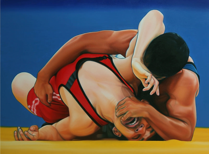 Equals 3' figurative oil painting by artist Abid Shaikh, 36x48 inch, on canvas