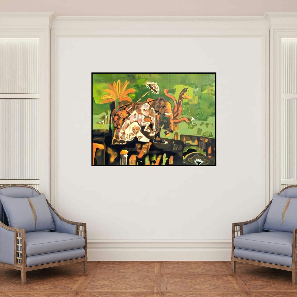 'Erawat (Divine Elephant)' painting by Rohit Joshi shown on a wall in a furnished room.