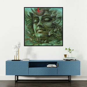 'Eternal Beauty 4 (Submerged in Thought)' painting by Darshan Sharma shown on a wall in a furnished room.