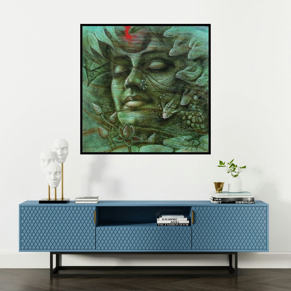 'Eternal Beauty 4 (Submerged in Thought)' painting by Darshan Sharma shown on a wall in a furnished room.