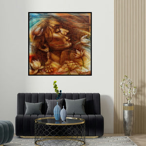 Darshan Sharma's 'Eternal Beauty 5 (Echoes of Inner Peace)' painting visualized above a sofa in a contemporary room.