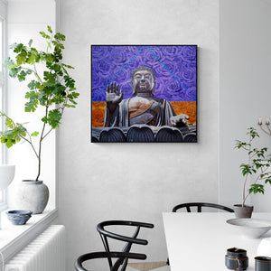 Rajnikanta Singh's 'Eternal Bliss (Eternal Bliss)' Painting visualized above a sofa in a contemporary room