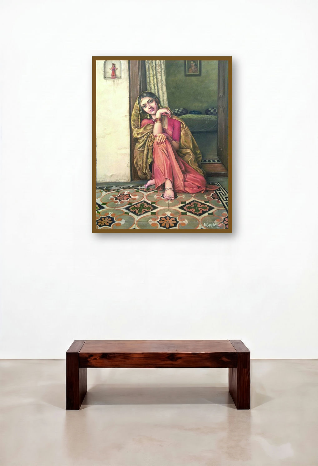 Eternal Wait Of Newly Wedde Girl (Girl with Mangoes) by artist Shyam Verma displayed in a Art Deco Study