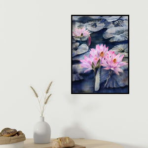 Puja Kumar's 'Ethereal 1 (A Peaceful Bloom**)' painting visualized above a sofa in a contemporary room.