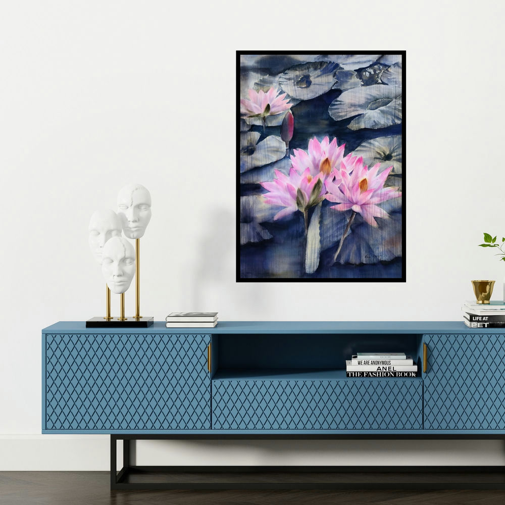 'Ethereal 1 (A Peaceful Bloom**)' painting by Puja Kumar shown on a wall in a furnished room.