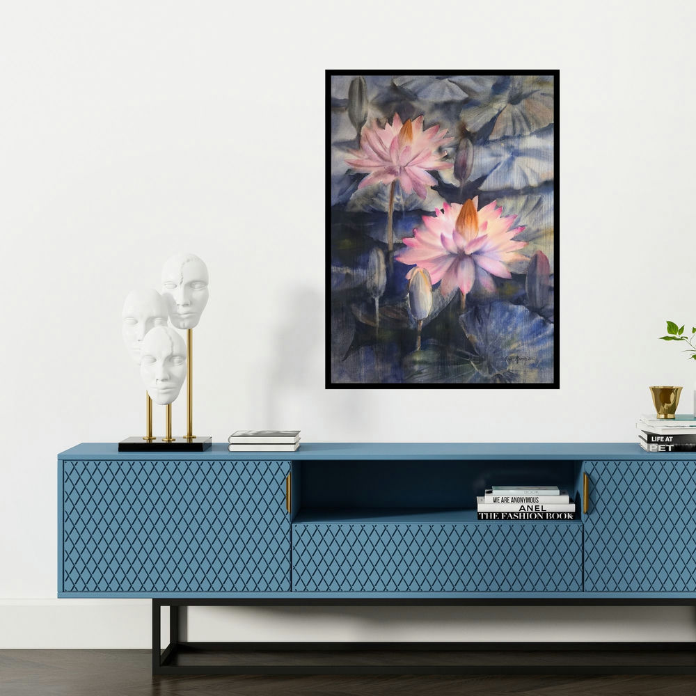 'Ethereal 2 (A Moment of Tranquility**)' painting by Puja Kumar shown on a wall in a furnished room.