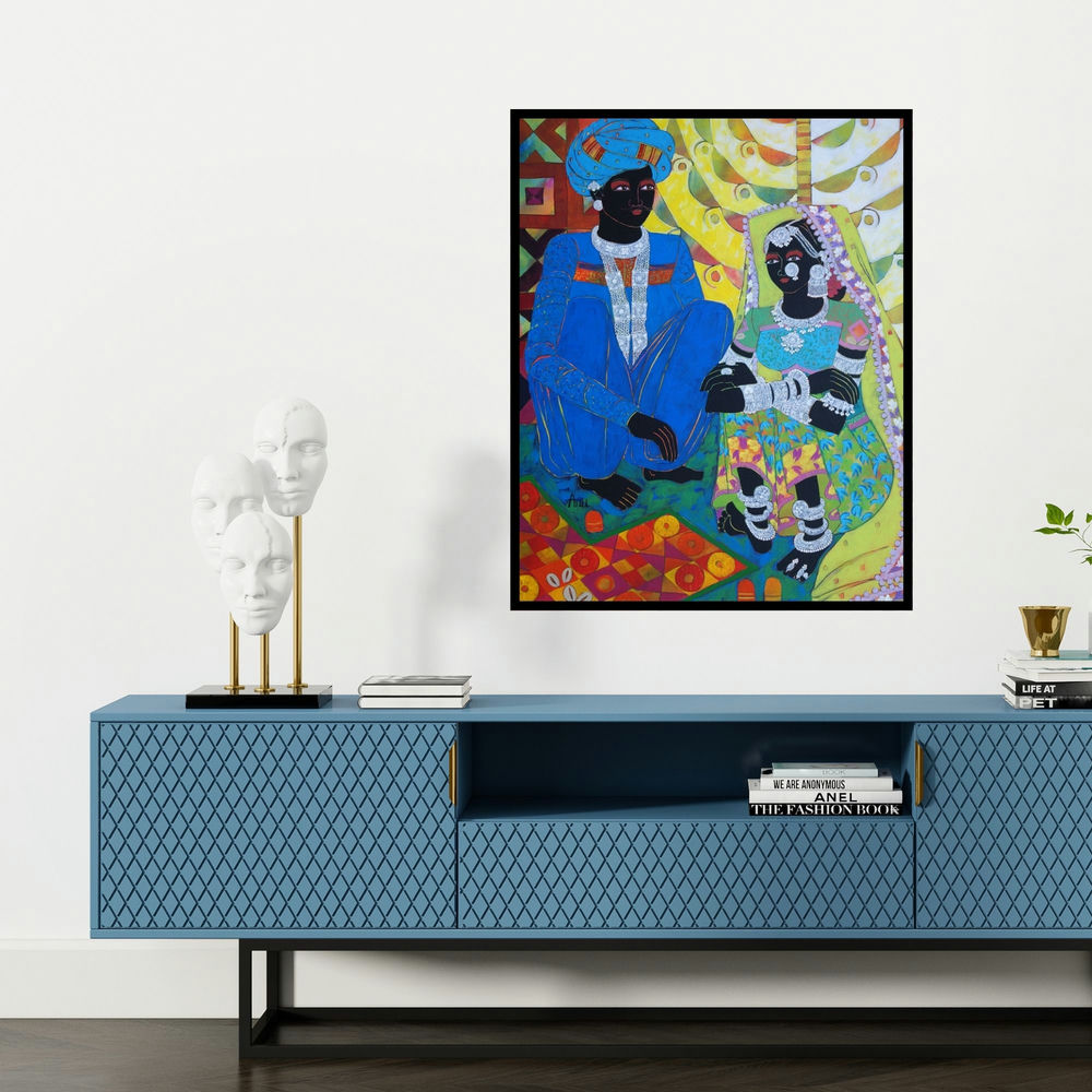'Ethnic Serendipity 148 (Adorning the Bride)' painting by Anuradha Thakur shown on a wall in a furnished room.