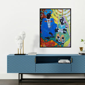 'Ethnic Serendipity 148 (Adorning the Bride)' painting by Anuradha Thakur shown on a wall in a furnished room.