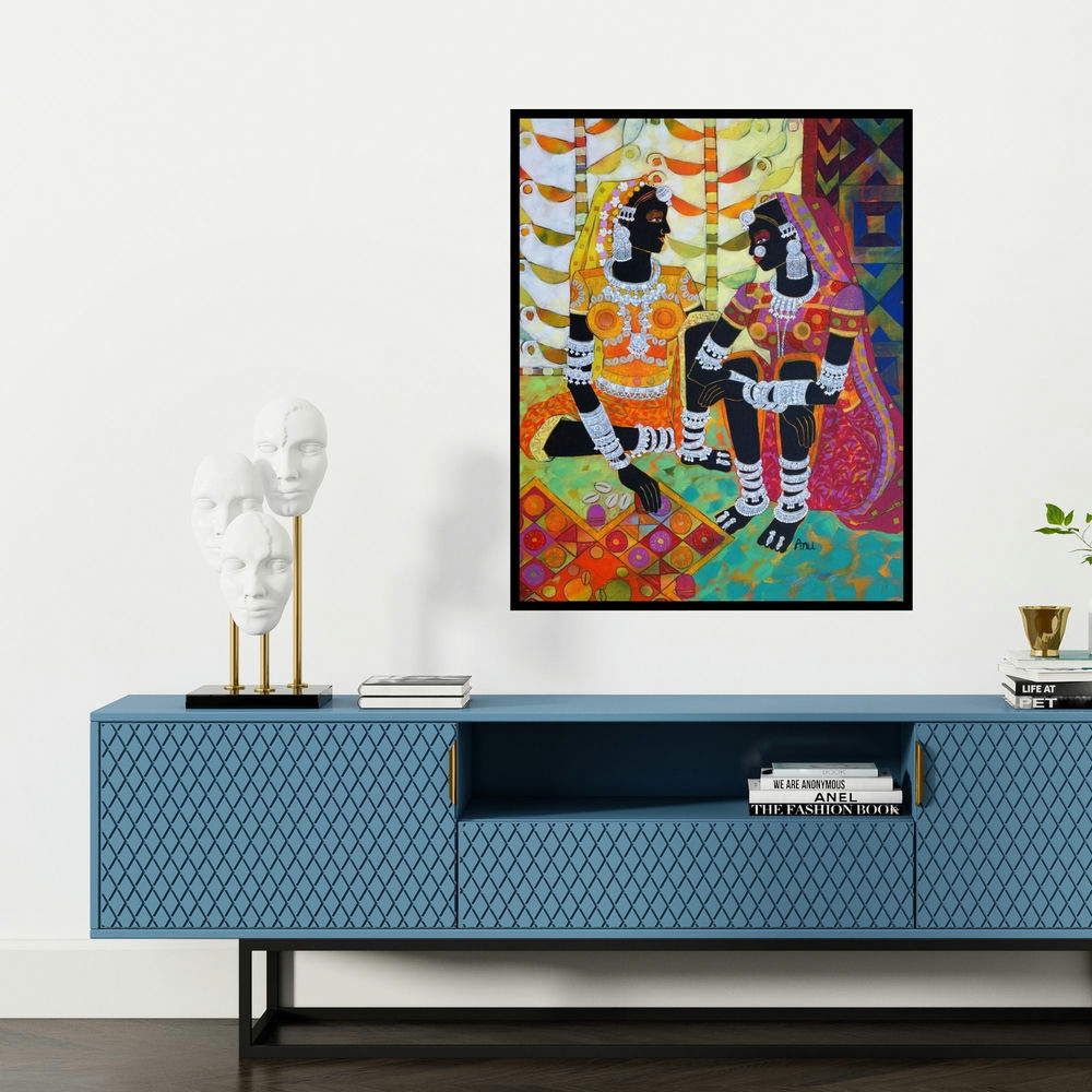 'Ethnic Serendipity 150' painting by Anuradha Thakur shown on a wall in a furnished room.