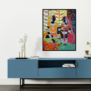 'Ethnic Serendipity 150' painting by Anuradha Thakur shown on a wall in a furnished room.