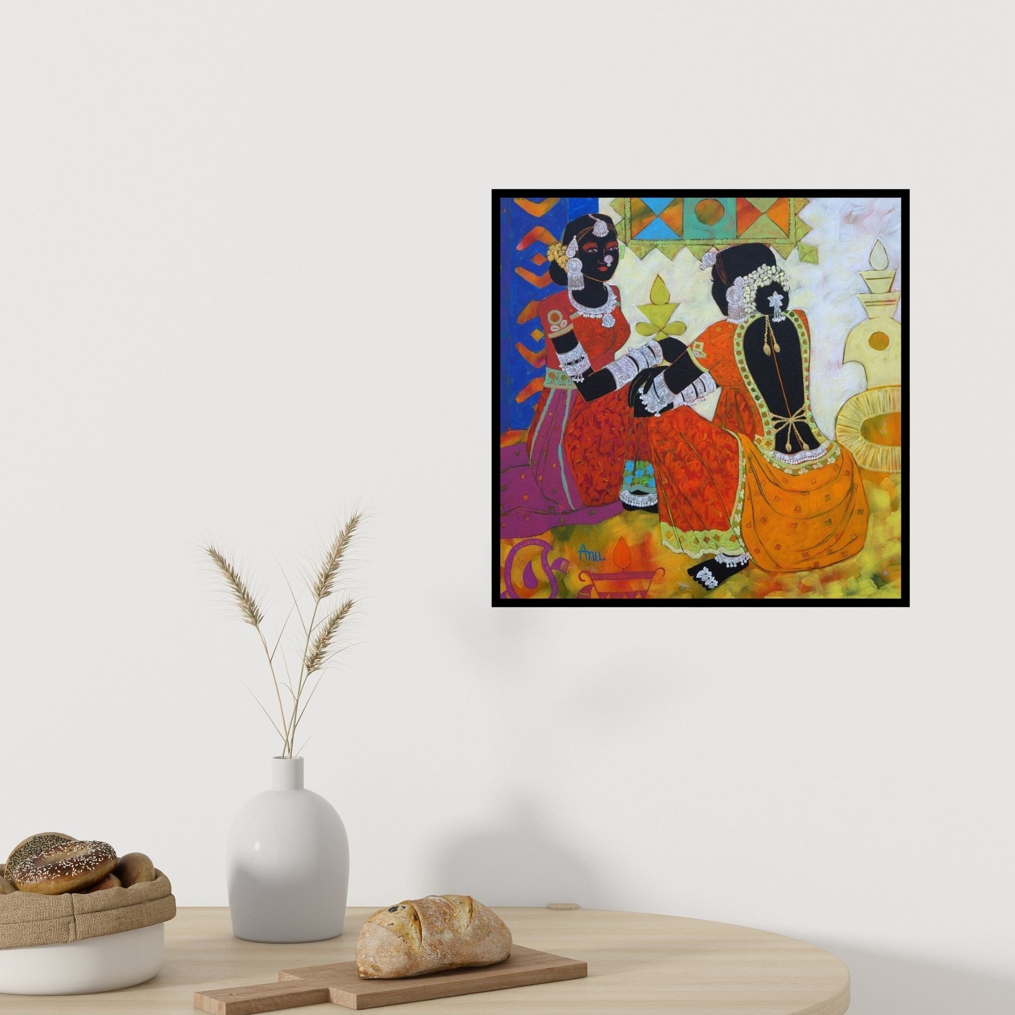 In-situ view of Anuradha Thakur's 'Ethnic Serendipity 160 (Women with Bangles)' painting in a room