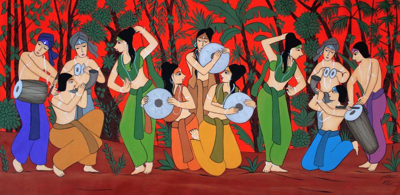 Figurative acrylic painting titled 'Euphonic Evening', 39x78 inches, by artist Chetan Katigar on Canvas