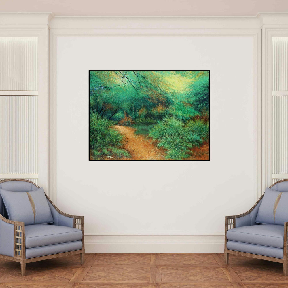'Evening (Evenings Glow)' painting by Vimal Chand shown on a wall in a furnished room.