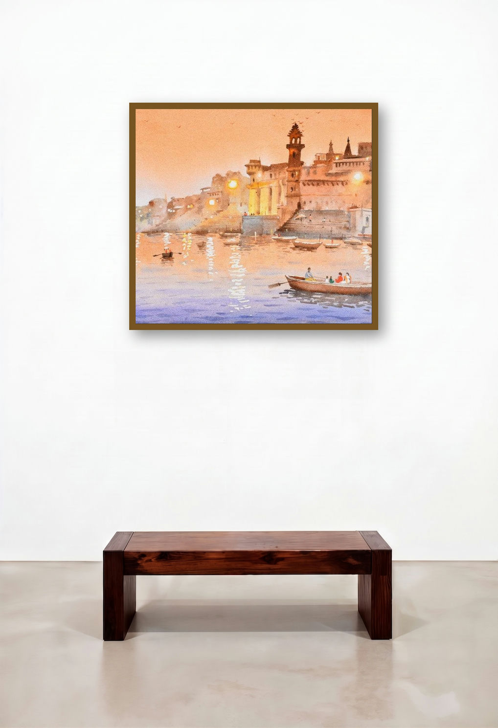 Evening At Banaras (Twilight on the Ganges) by artist Ambadas Nagpure displayed in a Contemporary Lounge