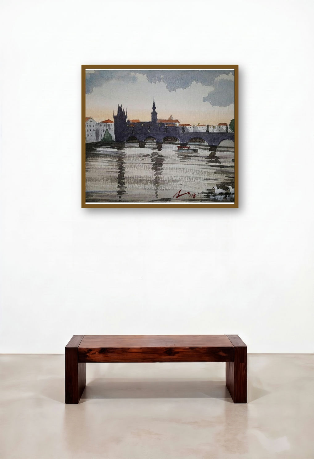Evening At Charles Bridge Prague (Prague Panorama) by artist Arunava Ray displayed in a Art Deco Reception Area