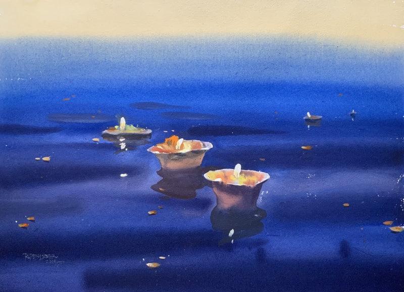 Cityscape watercolor painting titled 'Evening At Varanasi 2', 14x20 inches, by artist Rupesh Sonar on Paper