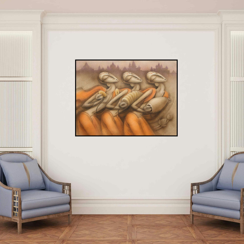 'Evening Bhajan (Sacred Harmony)' painting by Ramesh Pachpande shown on a wall in a furnished room.