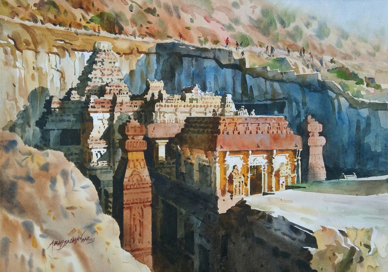 'Evening At Ellora Caves' religious watercolor painting by artist Abhijit Jadhav, 24x30 inch, on paper