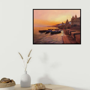 In-situ view of Atif Pachapuri's 'Evening In Ghat (Golden Hour on the Ganges)' painting in a room