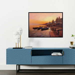 Preview of 'Evening In Ghat (Golden Hour on the Ganges)' Painting by Atif Pachapuri shown on a wall in a furnished room.