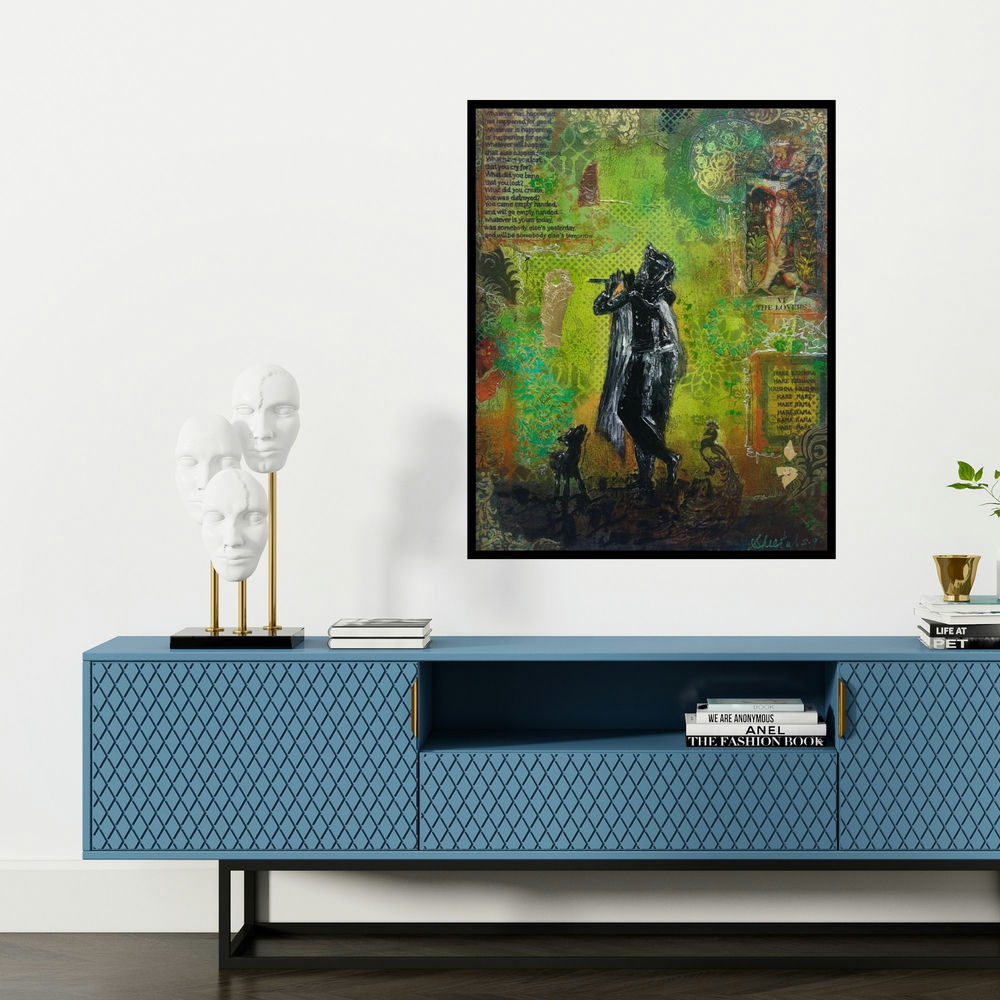 'An Evening With Krishna (The Lovers)' painting by Sheetal Singh shown on a wall in a furnished room.