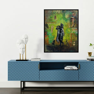 'An Evening With Krishna (The Lovers)' painting by Sheetal Singh shown on a wall in a furnished room.