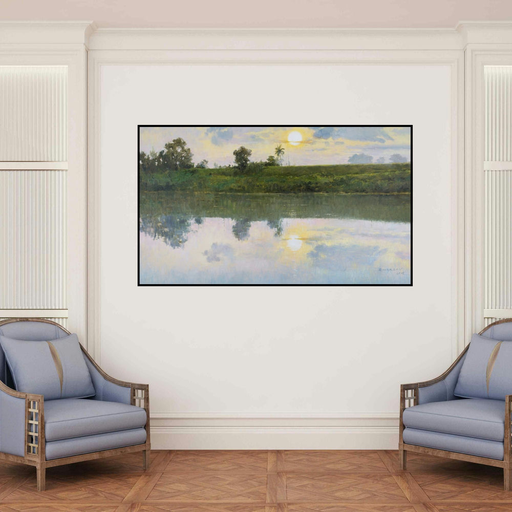'Evening Light' painting by Bhargavkumar Kulkarni shown on a wall in a furnished room.