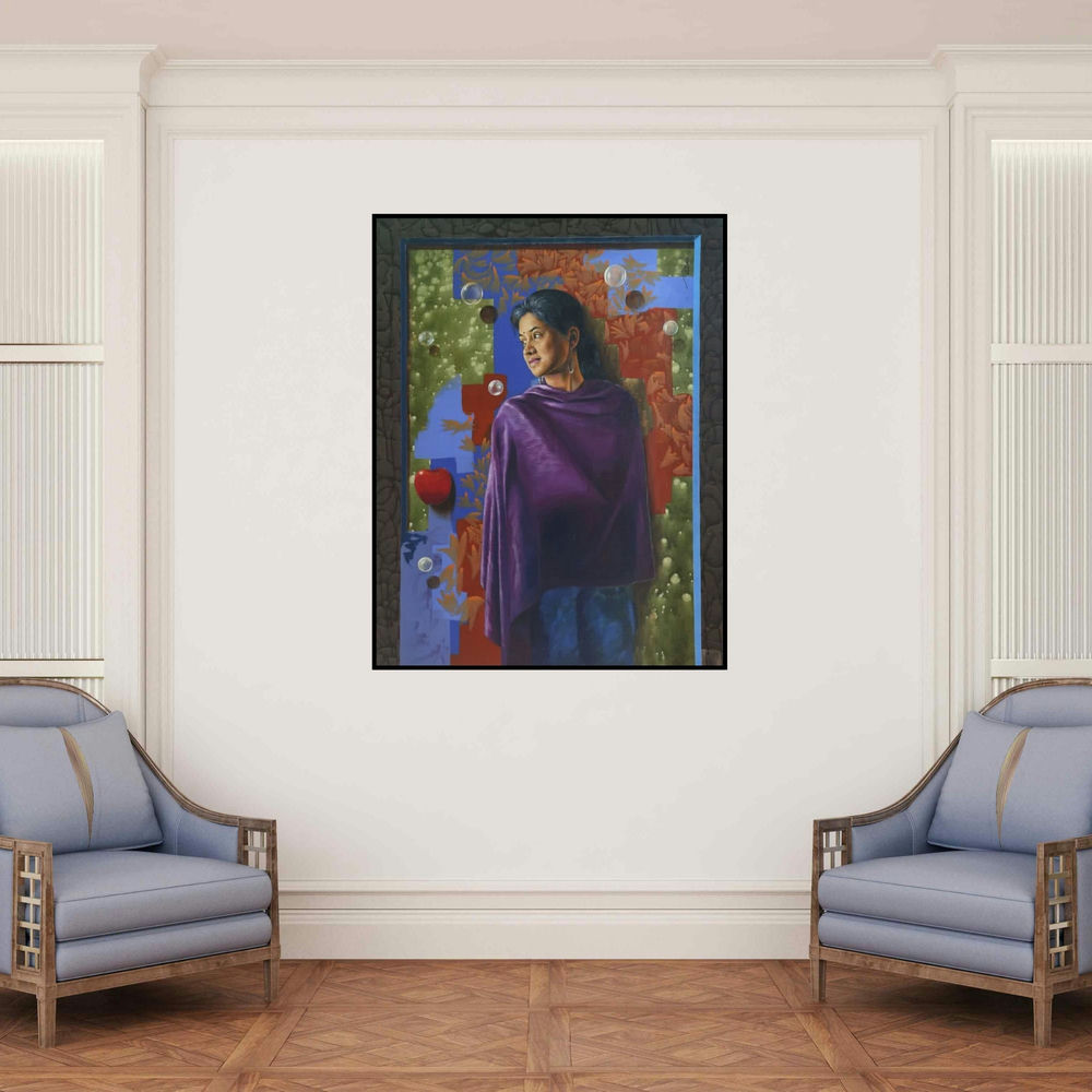 'Evening' painting by Nitin Marde shown on a wall in a furnished room.