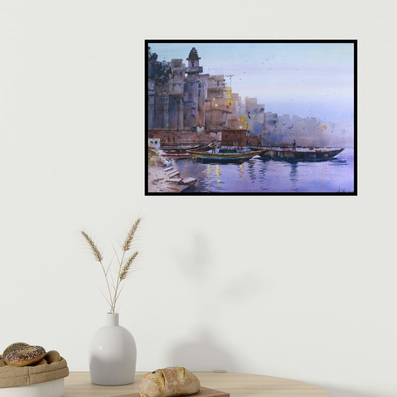 In-situ view of Anupam Chauhan's 'Evening In Paradise (Evening at the Ghats of Varanasi)' painting in a room