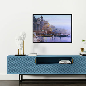 Preview of 'Evening In Paradise (Evening at the Ghats of Varanasi)' Painting by Anupam Chauhan shown on a wall in a furnished room.