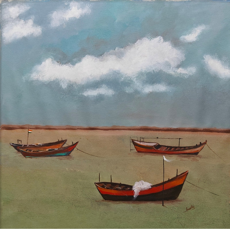 'An Evening At The Shore' seascape acrylic painting by artist Anumitra Basu Mandal, 20x20 inch, on canvas