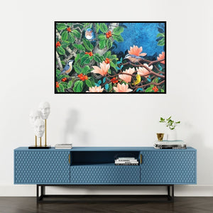 Preview of 'Evening Song 5 (Spring Symphony)' Painting by Vani Chawla shown on a wall in a furnished room.