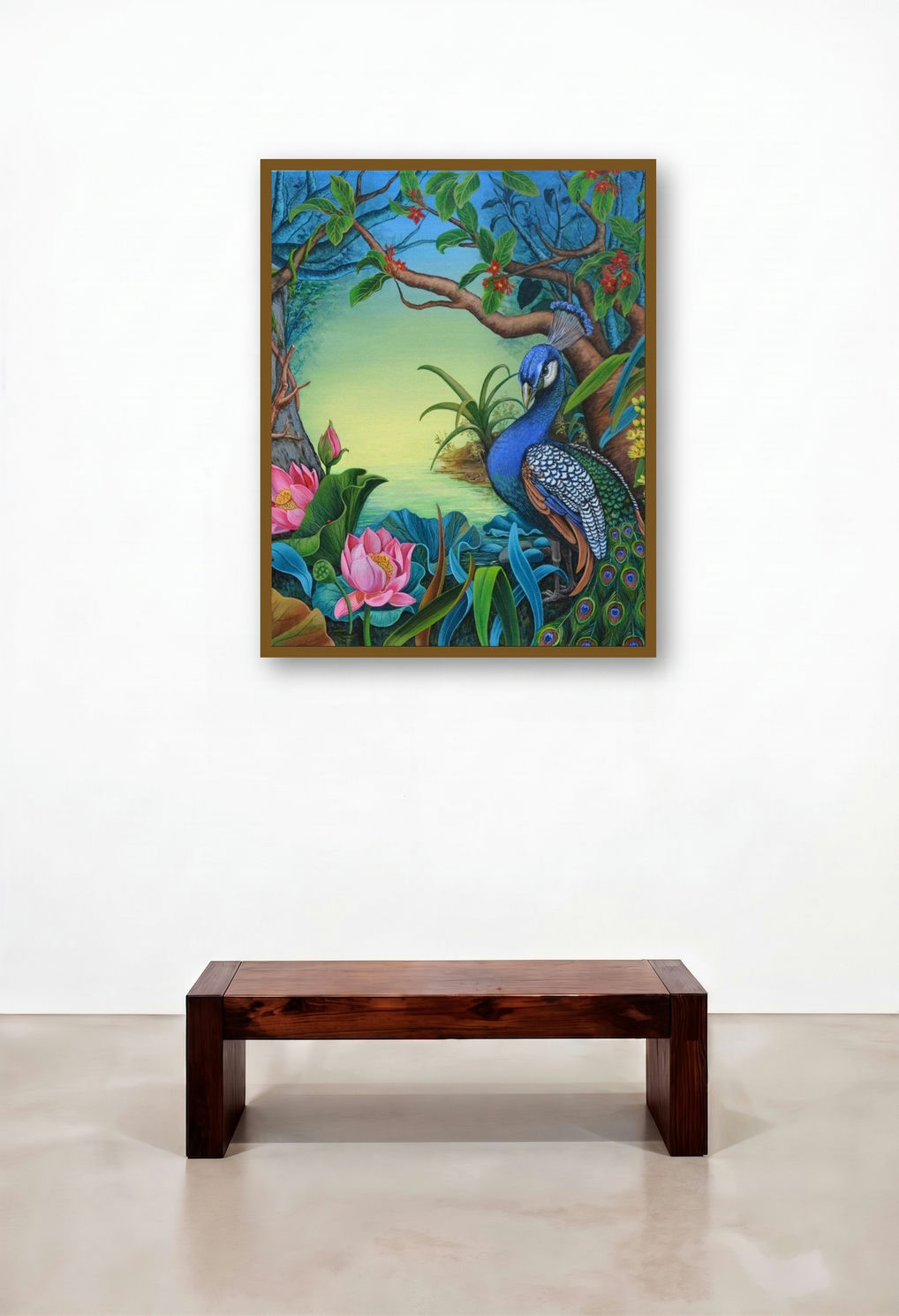 Evening Song 6 (Peacock Paradise) by artist Vani Chawla displayed in a Contemporary Luxury Foyer