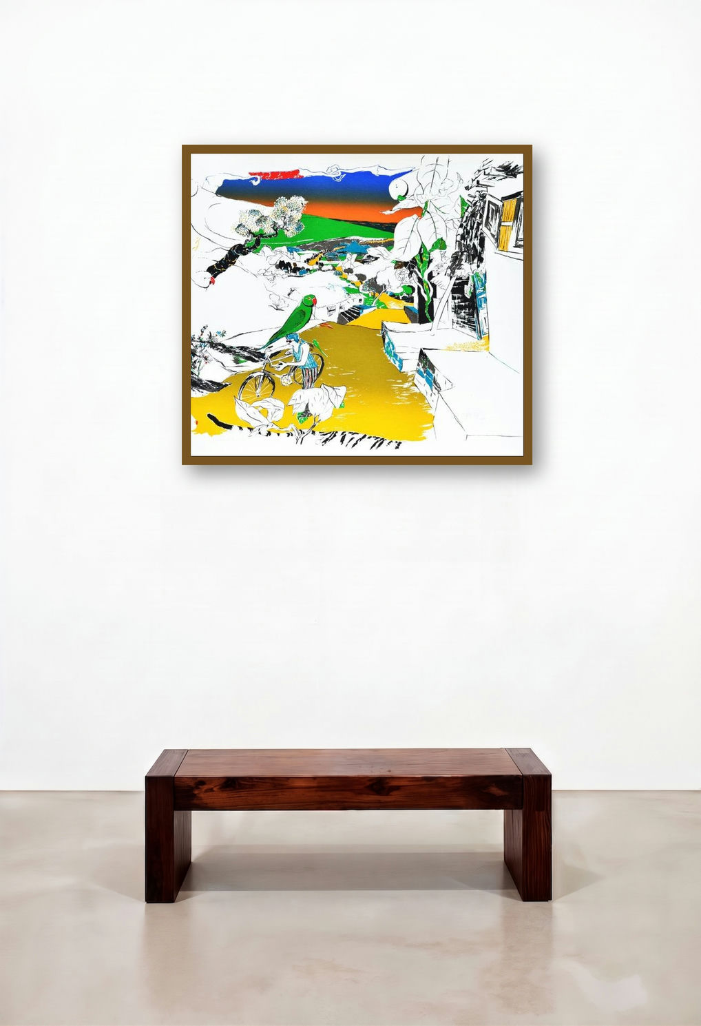Evergreen Friends (Cyclist and Parrot) by artist Nabibakhsh Mansoori displayed in a Classic Home Office