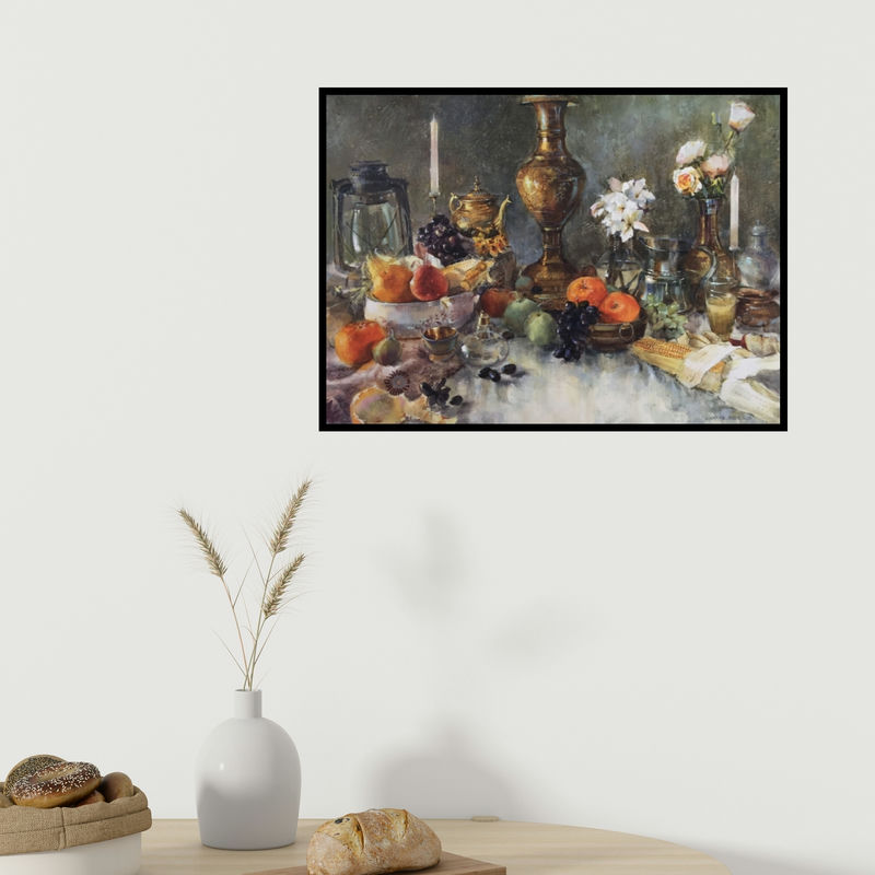 In-situ view of Shadab Kazi's 'Every Object Has Feeling (Still Life with Lanterns and Fruit)' painting in a room