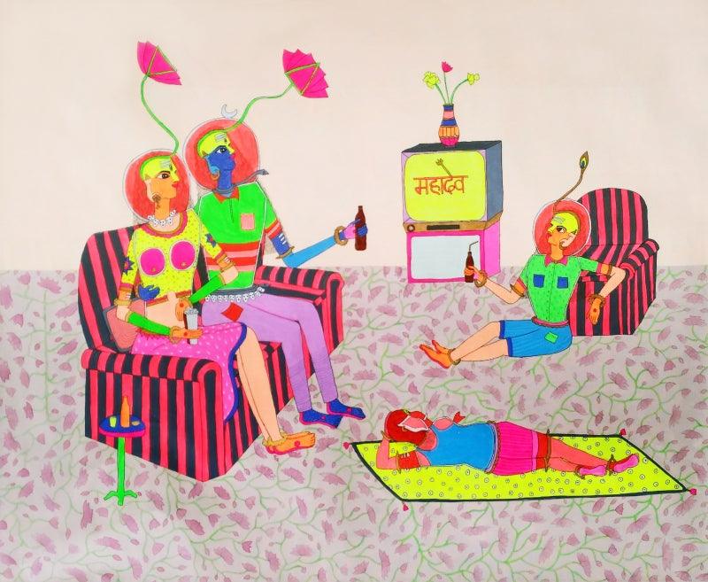 Figurative mixed media painting titled 'Everyday Is A Sunday Evening', 32x42 inches, by artist Priti Singh on Canvas