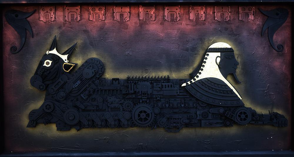 contemporary sculpture titled 'Evolution Civilization Construction', 36x69x4 inches, by artist Haribaabu Naatesan on Acrylic Glass