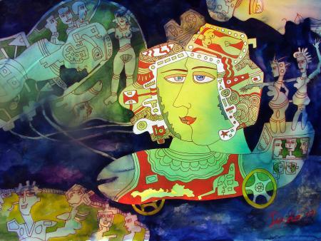 Figurative watercolor painting titled 'Evolution Of Human Being 2', 22x29 inches, by artist DADA on Paper