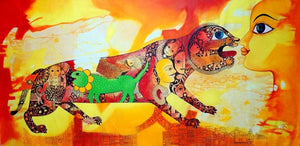 Excuse Me (The Lion's Transformation) by Meenakshi Jha Banerjee, Original Acrylic Figurative Painting on Canvas, Large Horizontal Wall Art
