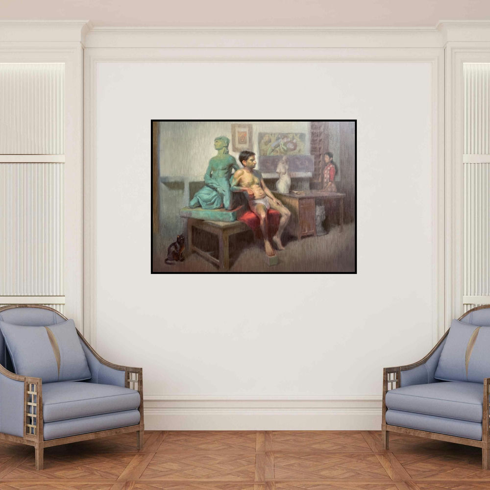 'Existence' painting by Abhijeet Patole shown on a wall in a furnished room.
