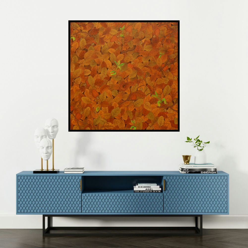 'Existence (Autumns Embrace)' painting by Roy K John shown on a wall in a furnished room.