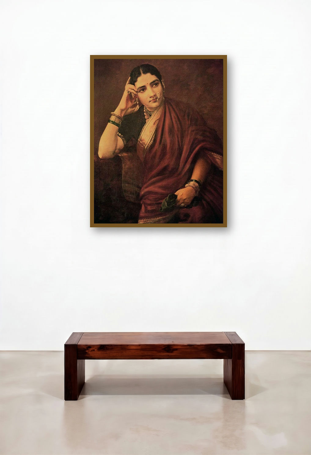 Expectation (Maternal Love: Yashoda and Baby artist Krishna) by artist Raja Ravi Varma displayed in a Art Deco Dining Room