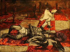 contemporary mixed media painting titled 'Exploitation Of The Unprivileged', 36x48 inches, by artist Rishi Raj on Canvas