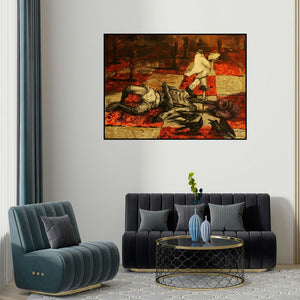 Rishi Raj's 'Exploitation Of The Unprivileged (Endgame)' painting visualized above a sofa in a contemporary room.